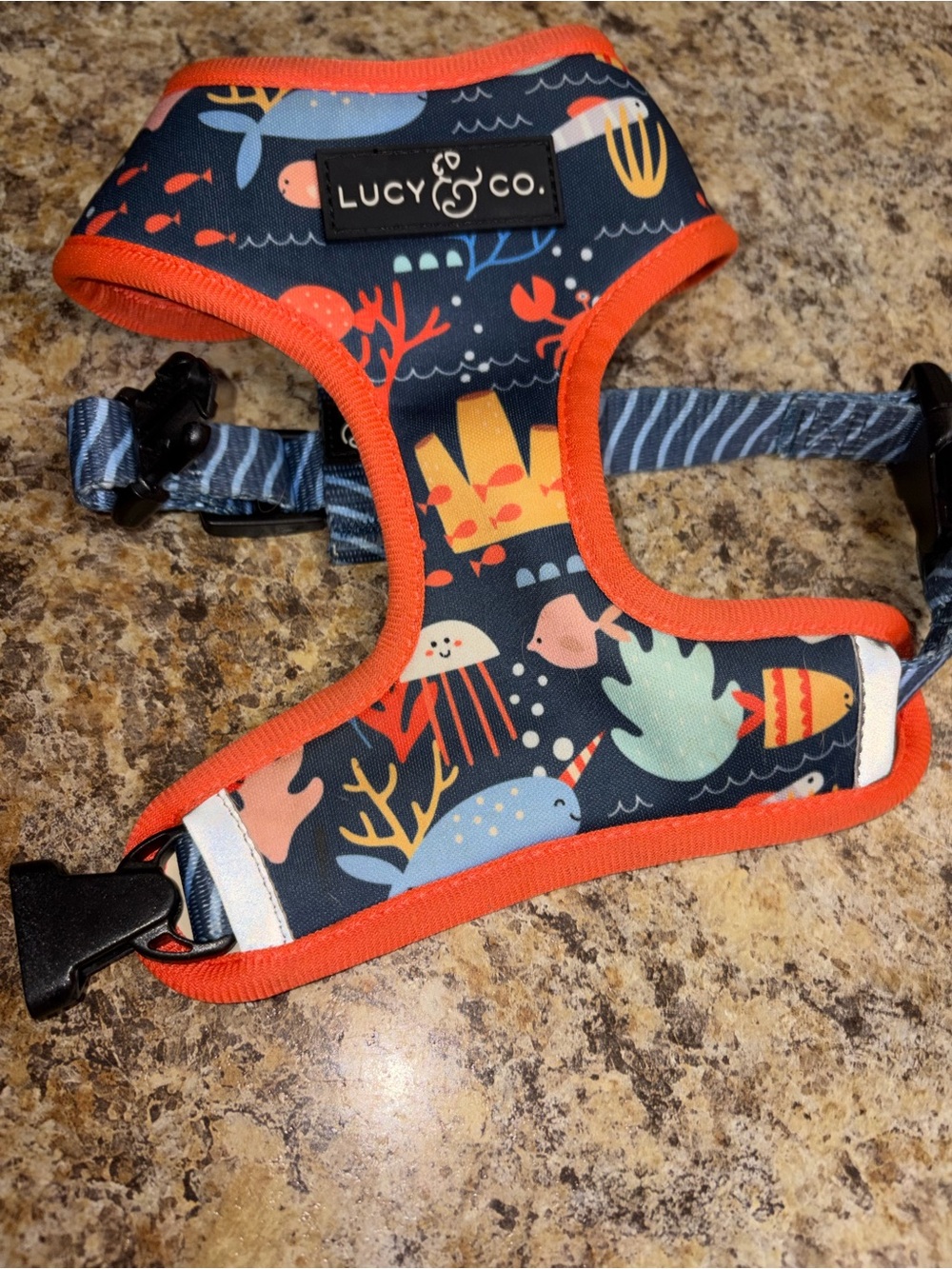 Reversible Ocean-Print Dog Harness with Navy stripes with Orange Trim
